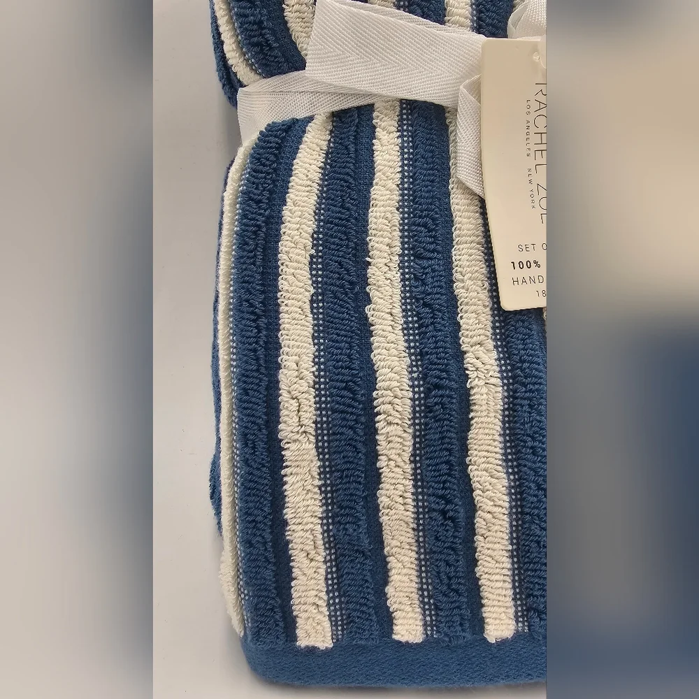 Rachel Zoe 2 Piece 100% Cotton Hand Towel Set Blue White Striped OEKO TEX
